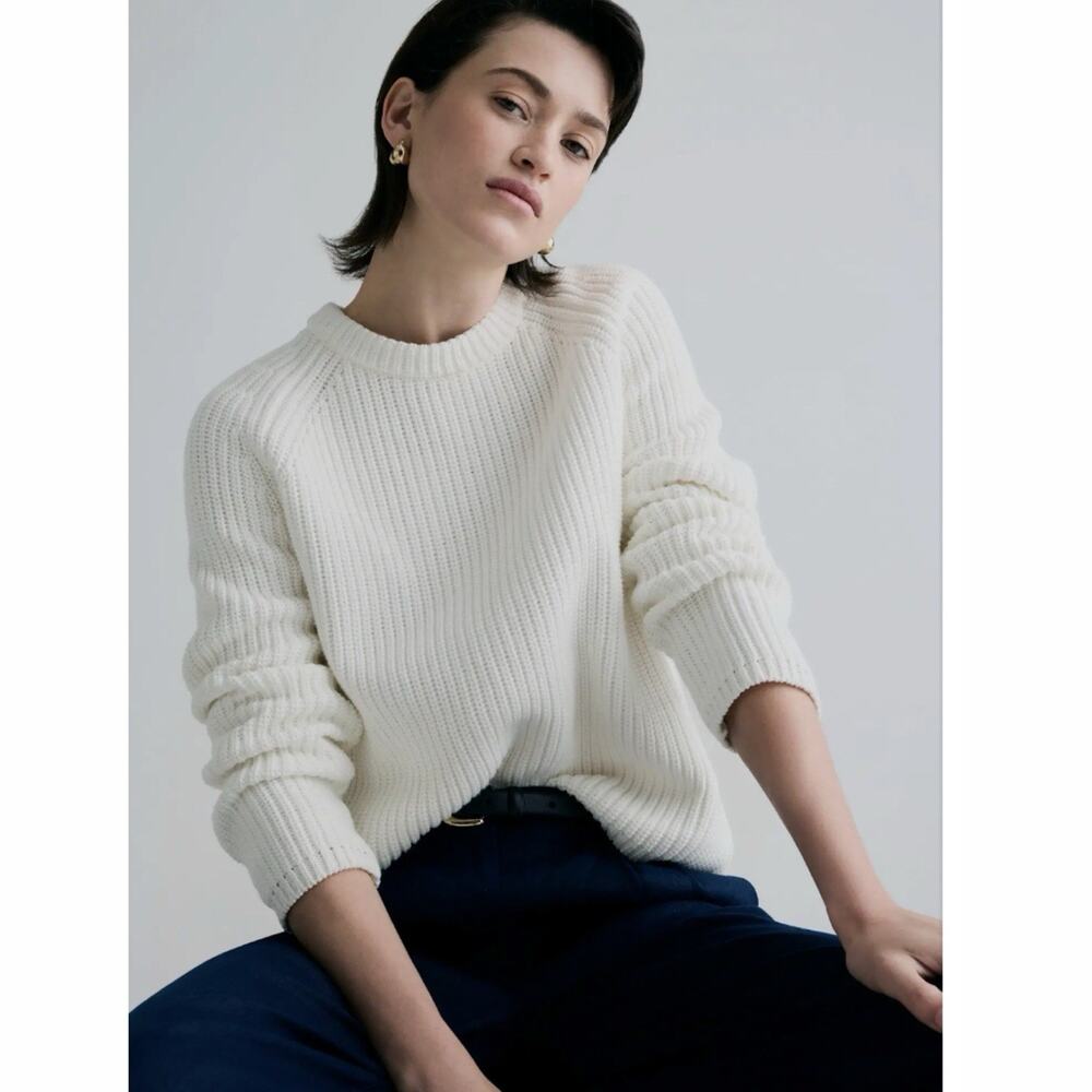 Quince Organic Cotton Fisherman Crewneck Sweater Ivory Size XS Capsule Wardrobe